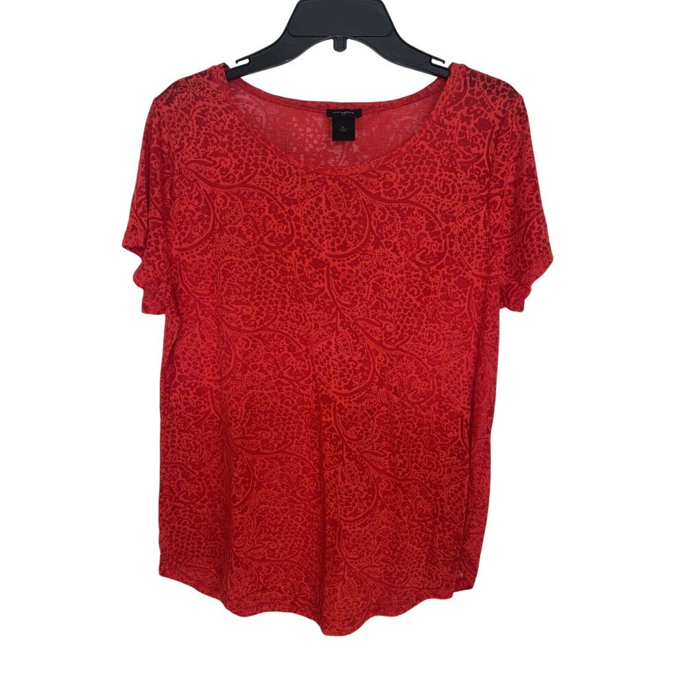 Ann Taylor Red Sheer Velvet Burnout Paisley Short Sleeve Top XL Western
